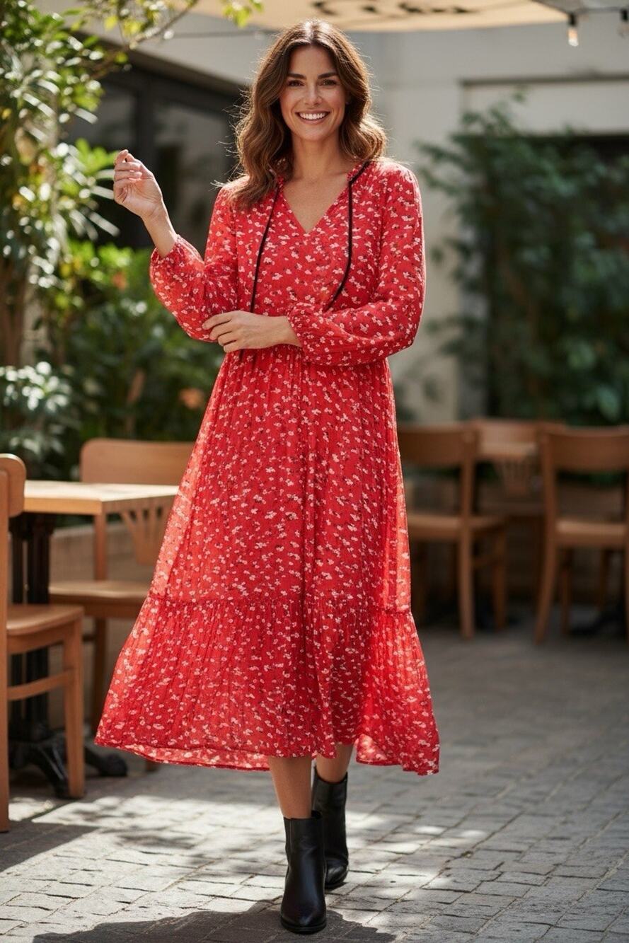 Lucky Brand Women's Ryan Long Sleeve Midi Dress Red Size L Prairie 3/4 Sleeves